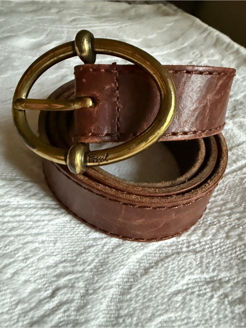 Vintage Fossil Brown Leather Belt with Oval Brass Buckle Size Medium 32-34